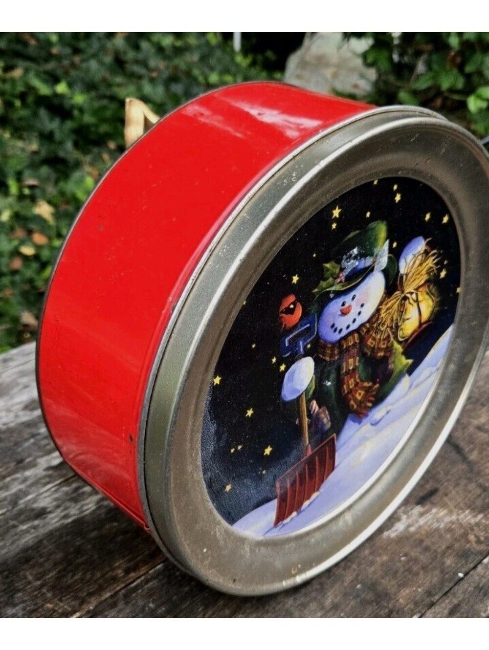 Vintage Frosty The Snowman Holiday Tin Round Marked Olive Can Chicago 10X4"